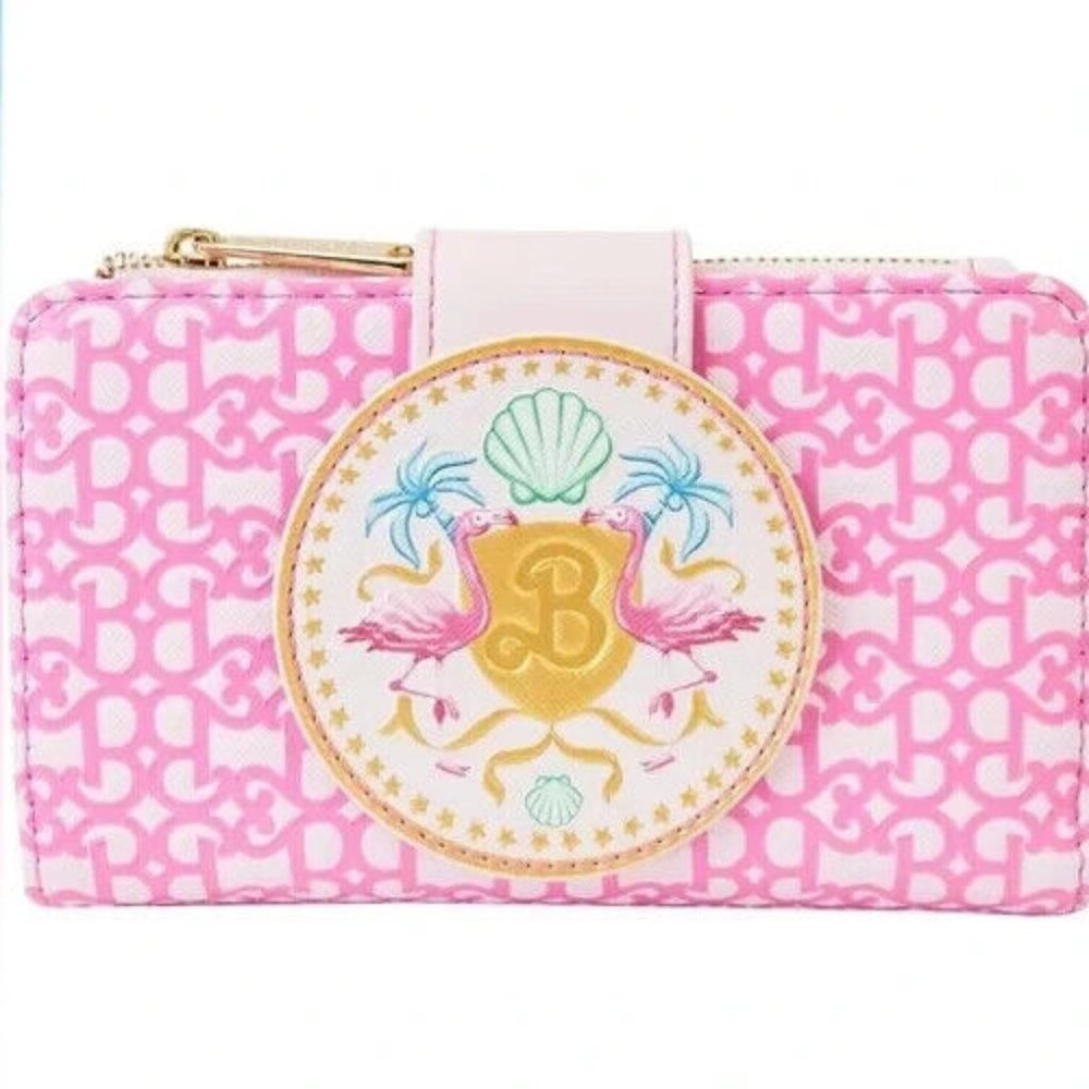 Loungefly Barbie Wallet B Logo Flamingos Snap Closure Bi-Fold Wallet